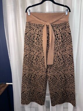 Anthropologie Camel Leopard Wide-Leg Knit Pants with Tie Waist